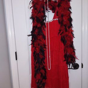 Fashion flapper costume red dress pearls, headband& red fishnet thigh hi